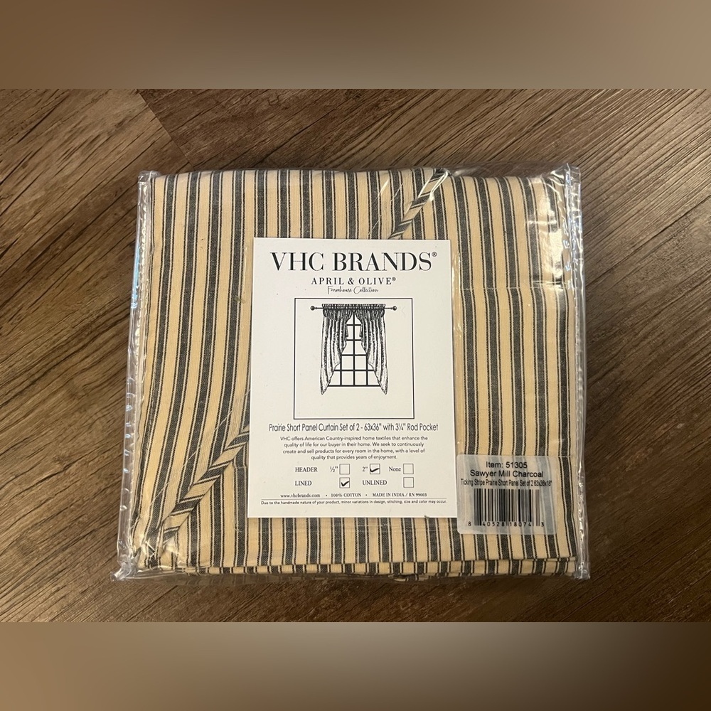 VHC Brands Sawyer Mill Charcoal Ticking Stripe Short‎ Panel Set 63x36 inches